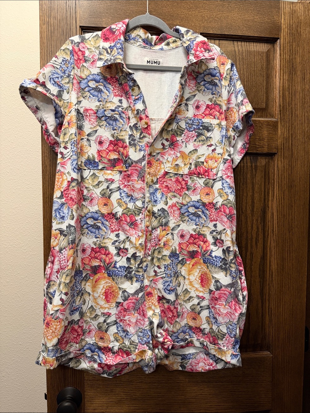 Show Me Your MuMu Floral Button Romper - Pink Blue Yellow on Cream